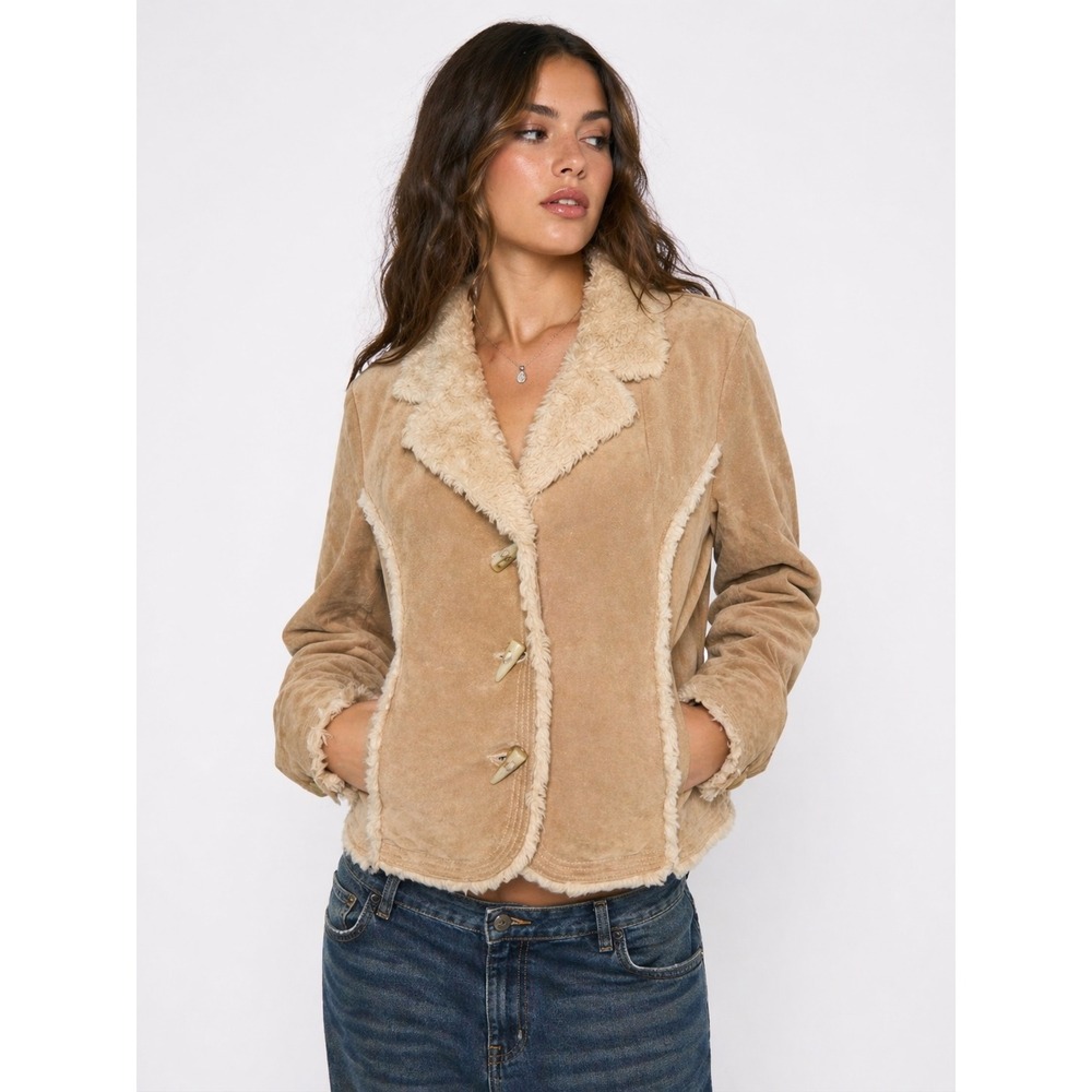 Vintage Wilsons Leather Tan Suede‎ Shearling Trim Toggle Jacket XL Boho Y2K 90s